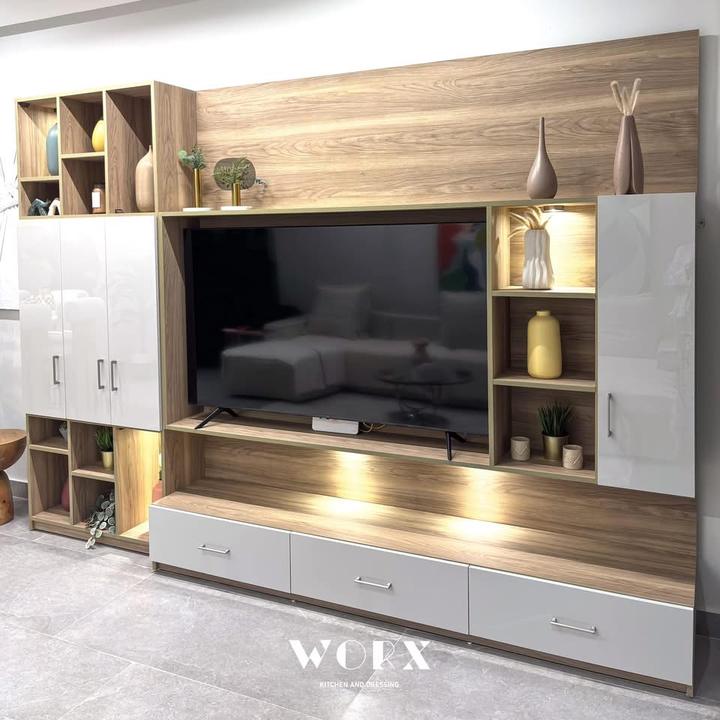 Oak and white gloss TV wall unit with lit shelves