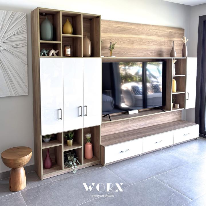 Oak and white TV wall unit with display niches